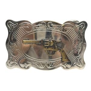 Western Belt Buckle,‎ Silver Tone With Gold Gun, Vintage, Made In USA